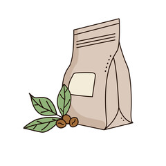 Kraft paper bag with coffee beans in transparent window isolated on white background. Doodle style.