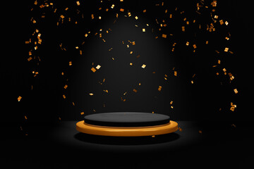 Gold and black circle luxury podium with golden confetti background for product presentation award platform 3d rendering
