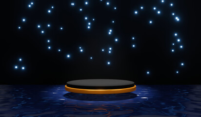 Gold and black circle luxury podium with blue light dot background for product presentation award platform 3d rendering
