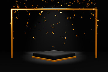 Gold and black square luxury podium with golden frame background for product presentation award platform 3d rendering