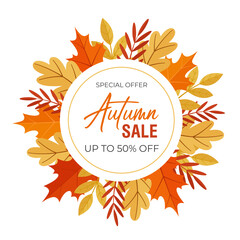 Round banner for the autumn sale. Autumn forest leaves frame. Vector design of a discount offer with autumn leaves on a white background for social media post, web banner, print.