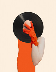 Contemporary art collage. Female body parts of face and hand apperainfon vintage vinyl record. Music poster