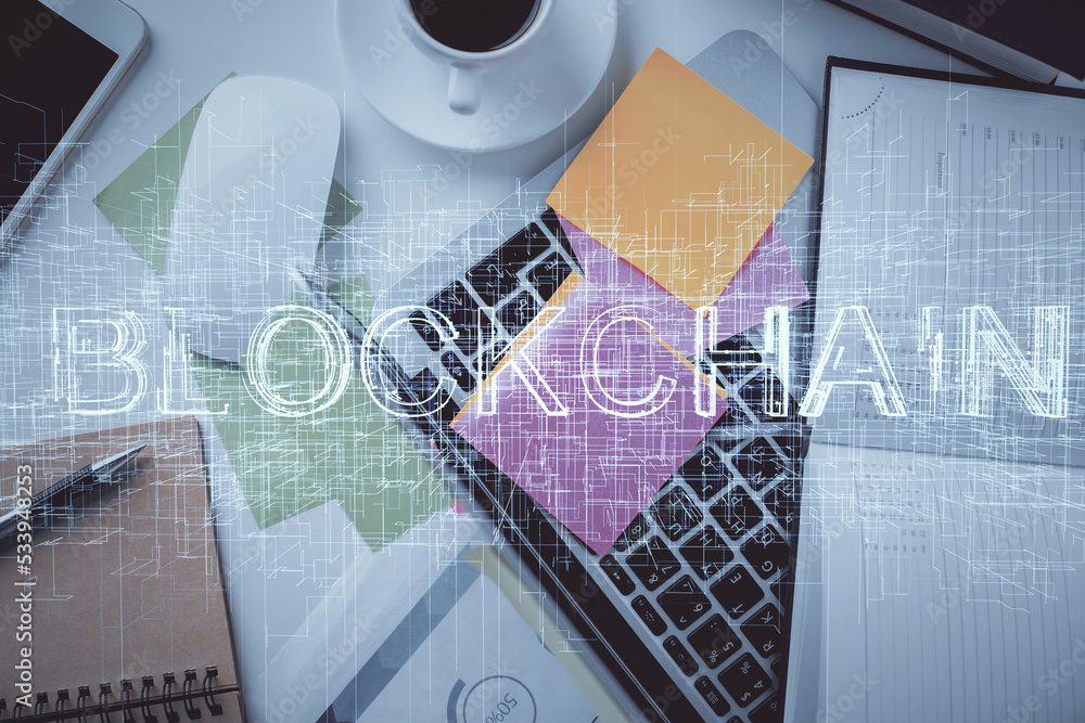 Aufkleber blockchain theme hologram drawings over computer on the desktop background. top view. multi exposure