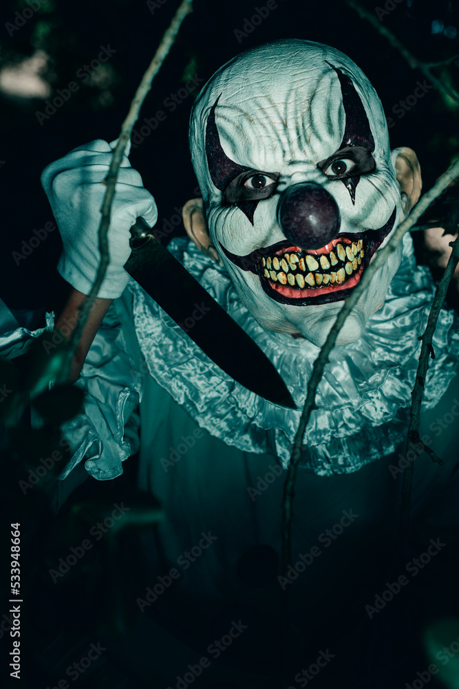 Canvas Prints evil clown with a knife in the woods at night