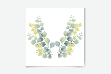 Watercolor vector wreath with green eucalyptus leaves, peony flowers and branches.