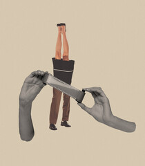 Contemporary art collage. Female hands holding vintage film and looking on frames
