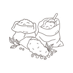 Kraft paper bags with coffee beans isolated on white background. Doodle style.