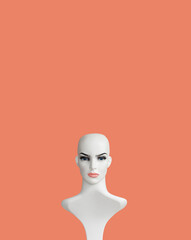 White plastic female mannequin doll portrait on powder color background