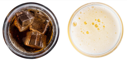 popular refreshing drinks cola with ice and beer, lemonade, cola with ice, rum with cola isolated on white, top view