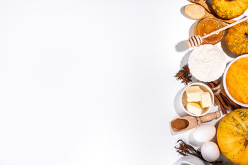 Set of pumpkin pie ingredients - pumpkin puree, spices, cinnamon, dough ingredients, floue, eggs, butter, cream milk, copy space