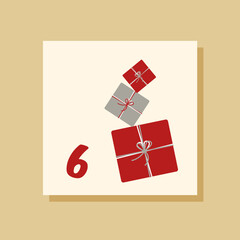 Vector сhristmas advent calendar. Winter holidays poster with date 6 of december. Pile of New Year gifts. 