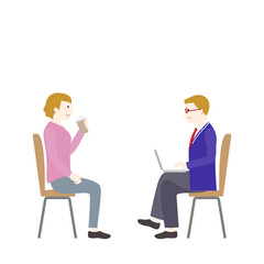 オフィスカフェで雑談をするビジネスマンとビジネスウーマンのイラスト（白背景・ベクター・切り抜き）