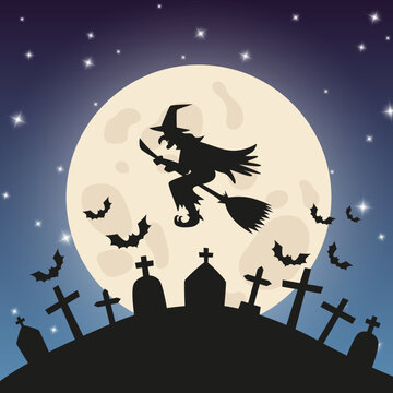 Silhouettes of flying witch on a broom with a big moon and bats on the night sky background. Halloween vector illustration for holiday web and print designs