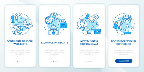 Improve professional skills blue onboarding mobile app screen. Network walkthrough 4 steps editable graphic instructions with linear concepts. UI, UX, GUI template. Myriad Pro-Bold, Regular fonts used