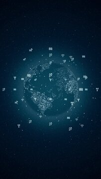 Motion graphic of Blue earth sphere with technology icon and communication icon on abstract background futuristic technology concept