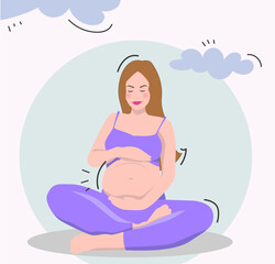 Pregnant girl with purple dress in flat style and with tropical plant. Pregnant woman with belly. Vector illustration.