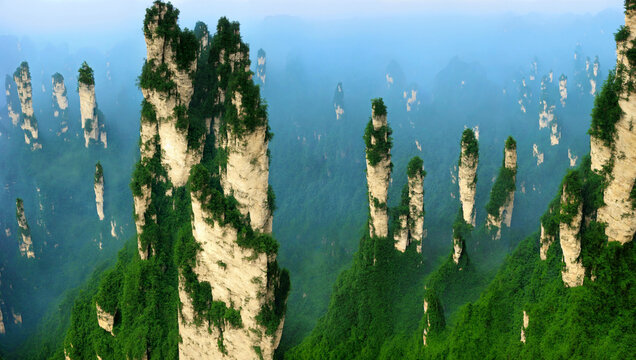 Hallelujah Mountains, Floating Mountains, Zhangjiajie, Wulingyuan Senica Area, rock formations, Plateau, mountain, landscape, nature, sky, mountains, fog, trees, forest, clouds, view, travel, panorama
