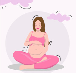 Pregnant girl with pink dress in flat style and with tropical plant. Pregnant woman with belly. Vector illustration.