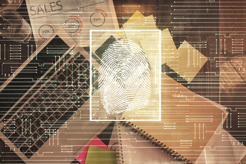 Finger print over computer on the desktop background. Top view. Double exposure. Concept of securitization.