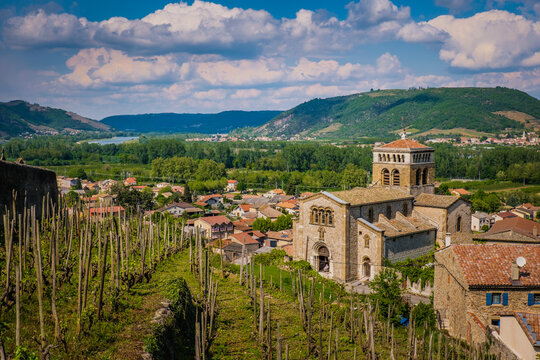 View on the vineyards of Ardeche and the romanesque church of Saint Martin in Vion, in the south of France