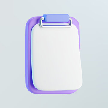 3d purple clipboard icon with blank sheet of paper isolated on gray background. Render clipboard with 3d document for notes, contracts, schedule, work planning. 3d cartoon simple vector illustration