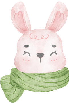 Cute Happy Pink Bunny Rabbit Head Wears Scarf Watercolor Hand Draw Illustration 