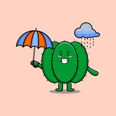 Cute cartoon Cactus character in the rain and using an umbrella in flat modern style design
