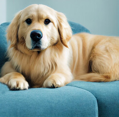Portrait of cute golder retriever crouched on a couch, digital art illustration made with generative AI