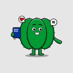 Cute cartoon Cactus character holding diary book illustration with happy expression