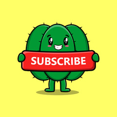 Cute cartoon Cactus character holding red subscribe board