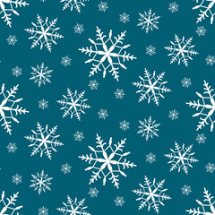 Fototapeta na wymiar Seamless pattern with snowflakes on a turquoise background. Christmas and New Year wrapping paper. Backdrop for postcards
