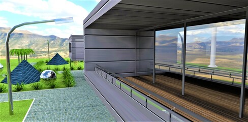 Advanced balcony design of an eco-friendly country house located in the mountains. The energy independence of real estate is provided by pyramidal innovative solar power plants. 3d render. - obrazy, fototapety, plakaty
