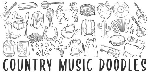Country Music Doodle Icons. Hand Made Line Art. American Folk Clipart Logotype Symbol Design.