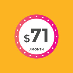 71 dollar price tag. Price $71 USD dollar only Sticker sale promotion Design. shop now button for Business or shopping promotion
