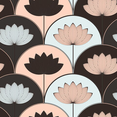 asian style lotus flower seamless pattern in brown blue ivory