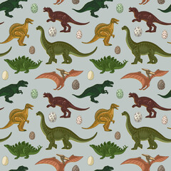 Seamless pattern. Dinosaurs and eggs. Vintage retro style. Vector illustration on a gray background. Surface design. For textiles and packaging, digital paper.