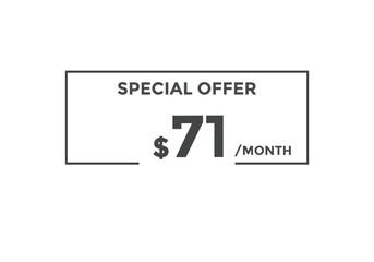 $71 USD Dollar Month sale promotion Banner. Special offer, 71 dollar month price tag, shop now button. Business or shopping promotion marketing concept
