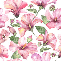 hawaiian tropical hibiscus flower hand drawn in watercolour loos style. isolated pink and purple petal transparent flower on white. seamless pattern background.