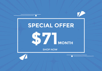 $71 USD Dollar Month sale promotion Banner. Special offer, 71 dollar month price tag, shop now button. Business or shopping promotion marketing concept
