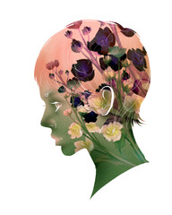 The silhouette of a side face of woman, flower pattern, nature, blue and orange gradient, surreal and Asian illustration
