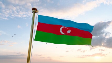 Flag of Azerbaijan waving in the wind, sky and sun background. Azerbaijan Flag. Ultra Hd. 3d rendering.