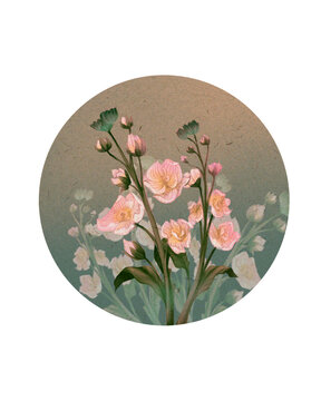 Blooming flowers in a decorative circle, Asian art, digital illustration