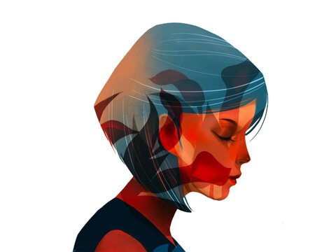 The silhouette of a side face of woman, flower pattern, nature, blue and orange gradient, surreal and Asian illustration