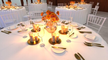 Luxury Table setting. Table settings wait for guests at home or restaurant, artificial potted plant for decoration. 3d rendering.