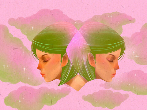Mirrored women representing self reflection and personal growth, flowers, nature, digital illustration