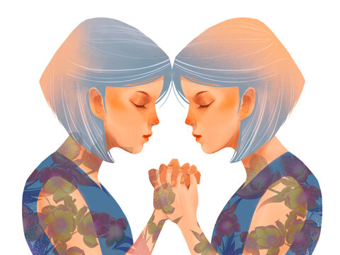 Women holding hands with each other, self reflection, mirror, shadow, self growth, flowers, digital illustration