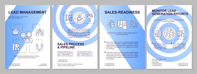 Lead management blue brochure template. Marketing strategy. Leaflet design with linear icons. 4 vector layouts for presentation, annual reports. Arial, Myriad Pro-Regular fonts used