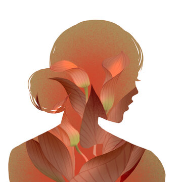 The silhouette of Asian woman, flowers, nature, plants, hair, clouds, sky, surreal and Oriental illustration