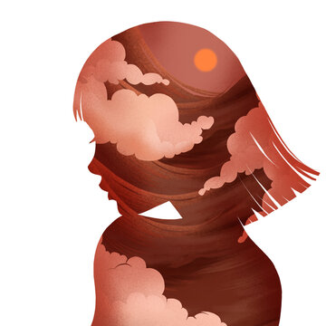 The silhouette of Asian woman, flowers, nature, plants, hair, clouds, sky, surreal and Oriental illustration