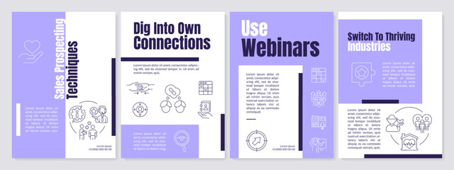 Techniques of sales prospecting purple brochure template. Leaflet design with linear icons. Editable 4 vector layouts for presentation, annual reports. Anton, Lato-Regular fonts used
